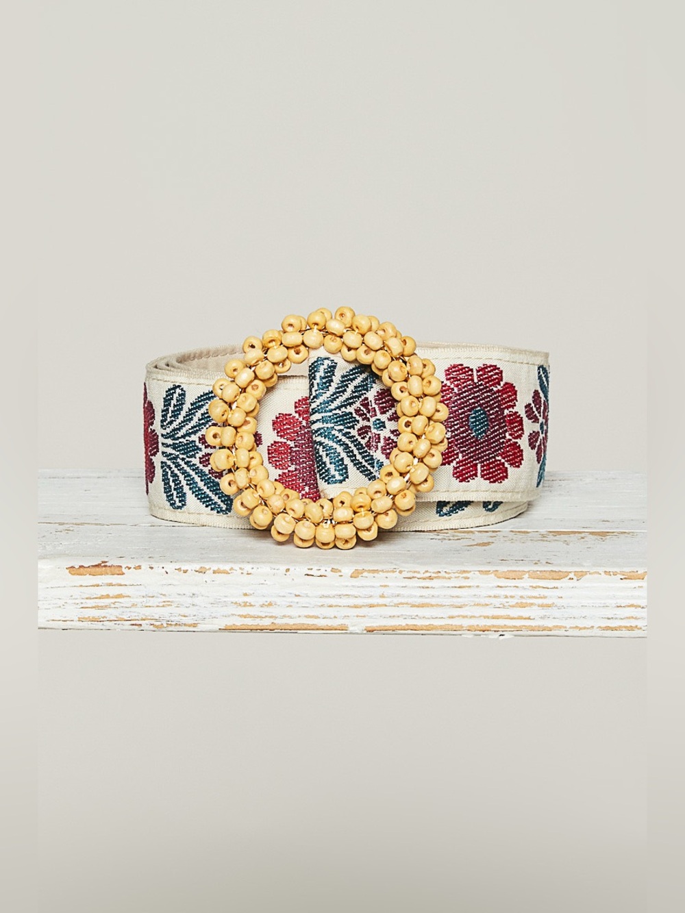 POL Embroidered Floral Belt with Beaded Buckle - Red, Teal, Cream